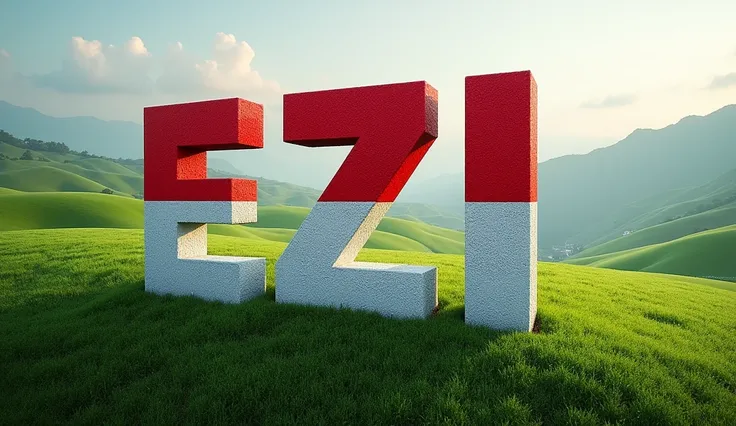 A perfect masterpiece of capital letters, letters patterned with the colors of the Indonesian flag on the hill, Name (E Z I).