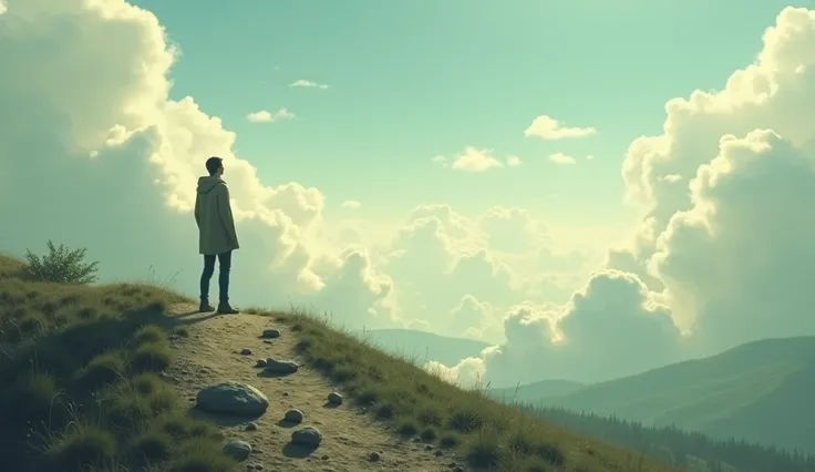 A serene landscape with a person standing on a hilltop, gazing at a vast sky filled with fluffy clouds. Below them, a path winds through a forest, symbolizing the journey of life. In the foreground, a few heavy stones lie on the ground, representing burden...