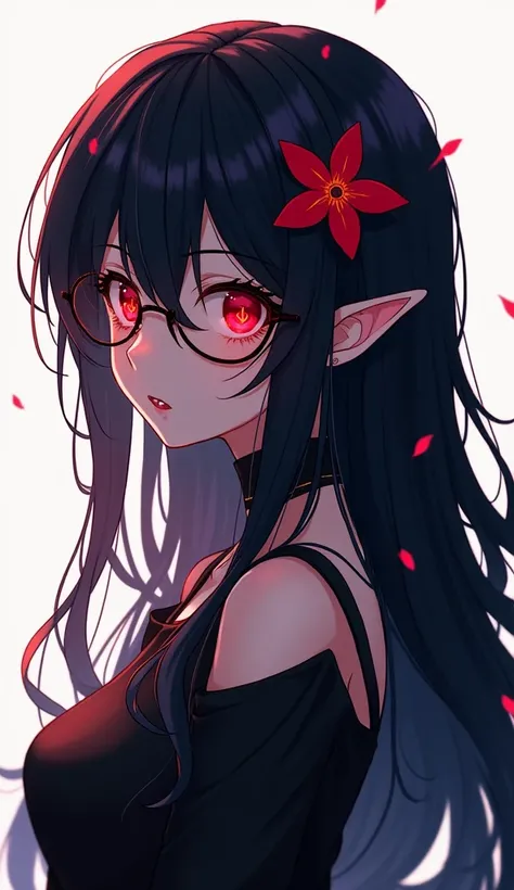 (zPDXL2), (PonyXLV6_Scores), source_anime, rating_explicit, asymmetric image, BREAK

female, semi-rimless eyewear, fangs, humanoid pointy ears, red eyes, black hair, long hair, glowing eyes, hair flower, white background, symbol-shaped pupils, white backgr...