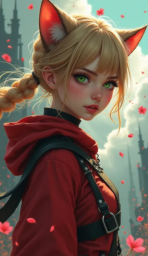 ((Realistic image, high resolution, European young girl, 
20 years old, cutie, playful look, cat ears, green cat eyes, chest size 3, hairstyle tail with bangs, flowing hair on the sides, blonde, ninja costume red and black, sakura petals swirling around he...