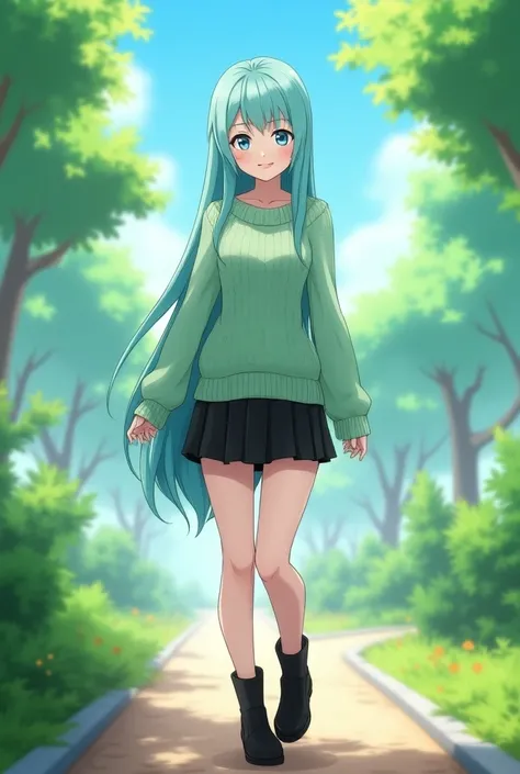 screenshot Boku No Hero Academia, girl full body, slim, long, straight hair, aqua hair, bright blue eyes, pretty face, white and very light skin, cute and kind smile, red eyeliner, in a park of fun, with a very light green knitted sweater, black skirt and ...