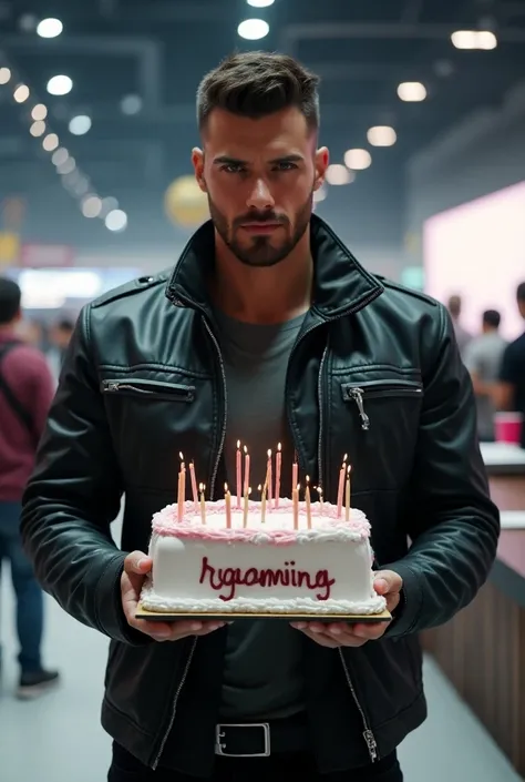  Background exhibition gamer a handsome man in futuristic style holding a cake inscribed with "hbd Rgaming "  feel gamer expose , looking at camera, 