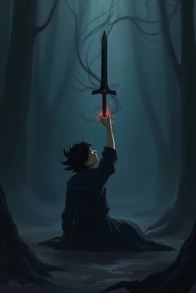  Yoru is on the ground ,  with a cut on his clothes and a look of despair ,  but he raises his hand and , for the first time,  a sword of shadows begins to form . The sword is dark , ethereal,  with shadows swirling around him .  His expression is one of s...