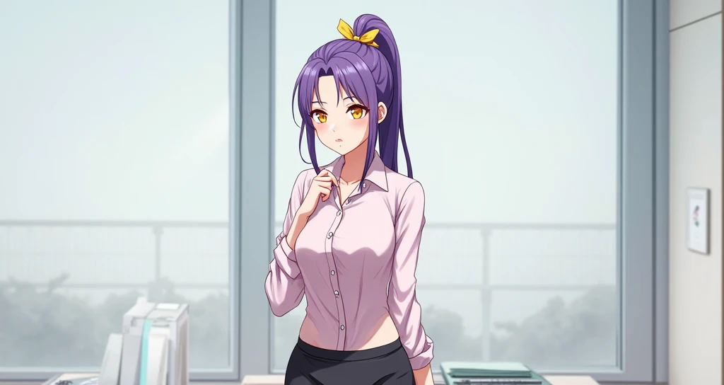 Sexy adult beautiful girl with purple hair tied with a yellow-eyed ponytail with big breasts wearing a pink office uniform with short black skirt sexy background an office.(anime style).