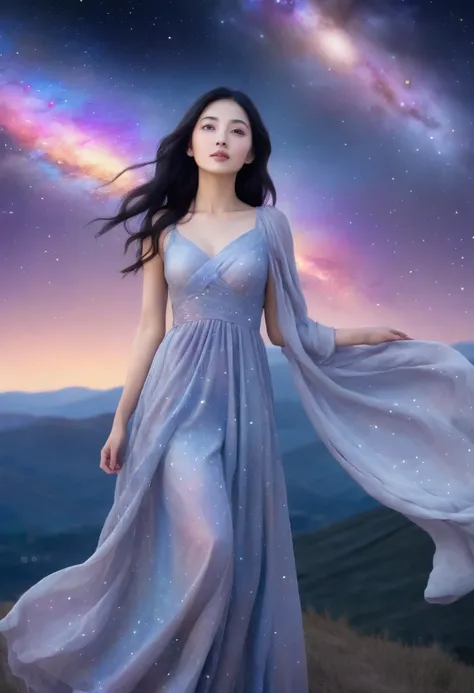 A photorealistic image of a beautiful young woman standing on a quiet hill under the starry night sky, framed to show her face and torso. Her black hair flows softly around her shoulders, and her bluish-gray eyes are fixed on the vast, colorful galaxy abov...