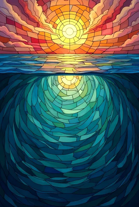 Stained glass art style ocean scene. Top half is above water and is a sunset bottom half is under the water of swirls and currents