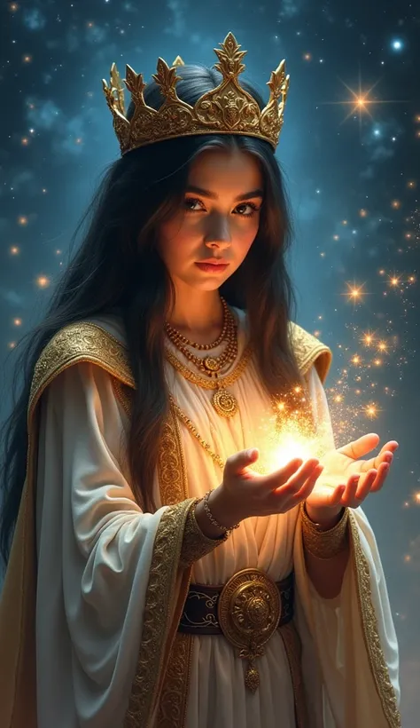  beautiful Arab girl ,  with long straight black hair {x}, Brown eyes,  In Space , King Arthur Costume,  holding space in hand ， holding the words “  "Astrological work "