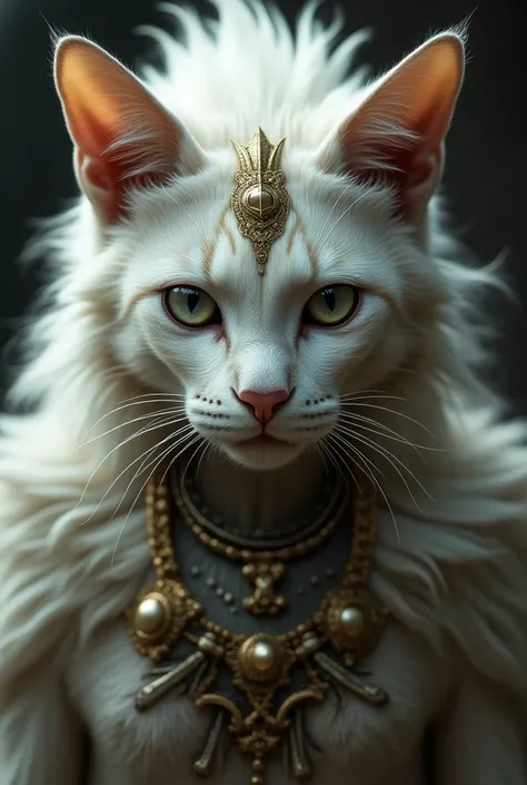 Close up photography of Humanoid cat alien, white mane, charismatic, with roman ornament, superdetail