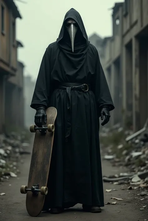 Plague doctor holding a skateboard 
