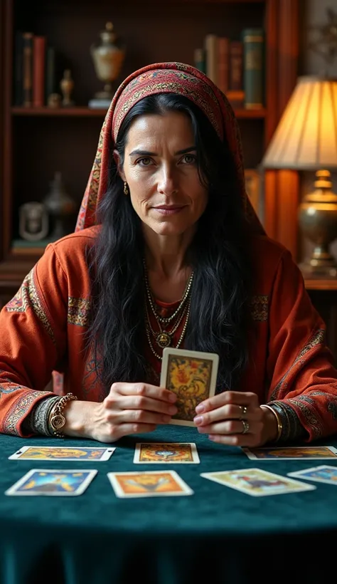  A true depiction of a middle-aged Roma woman with dark hair , long,  Wear a brightly colored headscarf . Her warm , Deep eyes， Wear traditional Bohemian clothing with rich patterns and bright colors .  She is sitting at a dark wooden table ， table is a po...