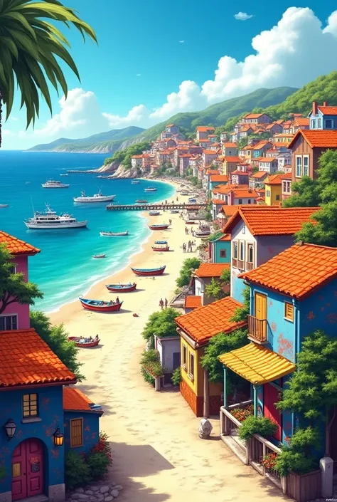 Make a city, on the coast of the city there is the beach, the beach has several different boats, the houses have very orange roofs, the houses have bright paintings of different colors, the street is clean.