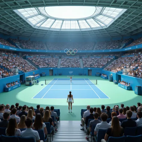 panoramic vistas : inside 这 olympic tennis court, with 这 five olympic rings logo,  viewers watching and talking, 这 pool looks ca...