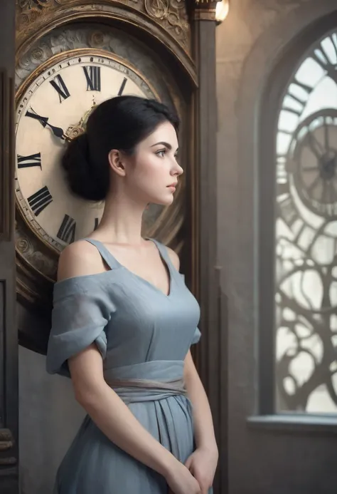 A photorealistic image of a beautiful young woman standing beside a large, ancient clock, framed to show her face and upper body. Her black hair is loosely tied back, and her bluish-gray eyes reflect a sense of contemplation as she gazes at the clock. She ...