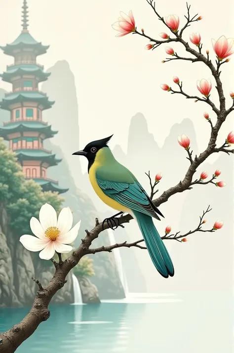 in Gunbi style  /  Gongbi style

realistic Chinese painting ,  image of a pale green jay on a white magnolia branch using the contour technique , against the backdrop of the lake,  pagoda and waterfall ,  The clearly drawn outline of the object with all th...