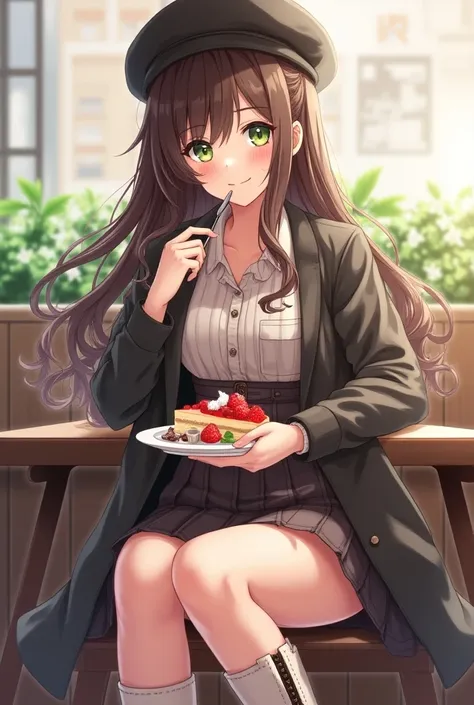 1girl, solo focus, ta fashion, long hair, looking at viewer, smile, open mouth, bangs, skirt, brown hair, shirt, long sleeves, hat, holding, jewelry, sitting, green eyes, jacket, full body, :d, pleated skirt, earrings, boots, food, open clothes, black skir...