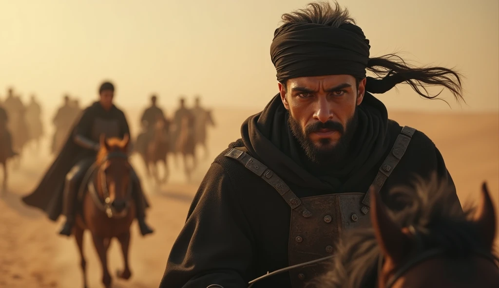 A close-up, ultra-realistic cinematic image of Khalid Bin Walid, a 38-year-old warrior with short, black-gray hair and a black Ottoman-style Zirah Bork Turban. His dark, focused eyes reflect determination as he rides swiftly through the desert, his face se...