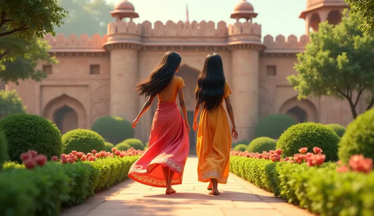 Generate 3d animated image Indian folk two girls looks white and dark Black and they are walking in the fort garden