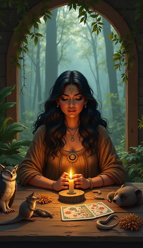   a witch with native characteristics  , Chubby, Dark skin,   with medium length wavy dark hair  ,   sitting at a table in the forest  ,  A well-lit candle and incense  ., owl, fox, stork mice snake brown bear ,   and Petit Lenormand in a cabin in the fore...