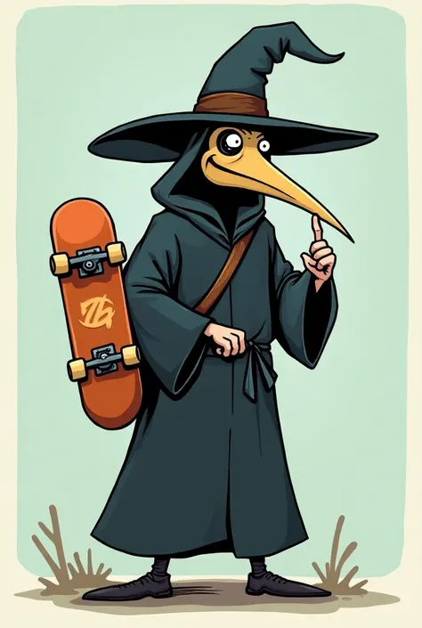 Plague doctor saying shhhh,
And Skateboard strap his back
Cartoon logo