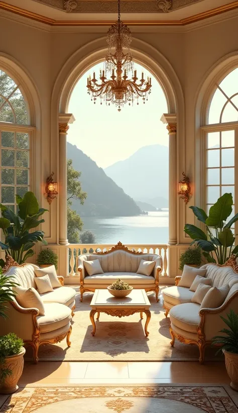 a luxurious balcony in a grand mansion, likely situated by a lake or large body of water. The room is furnished with ornate, antique-style furniture including a white velvet sofa, several armchairs and ottomans upholstered in white fabric, and a white wood...