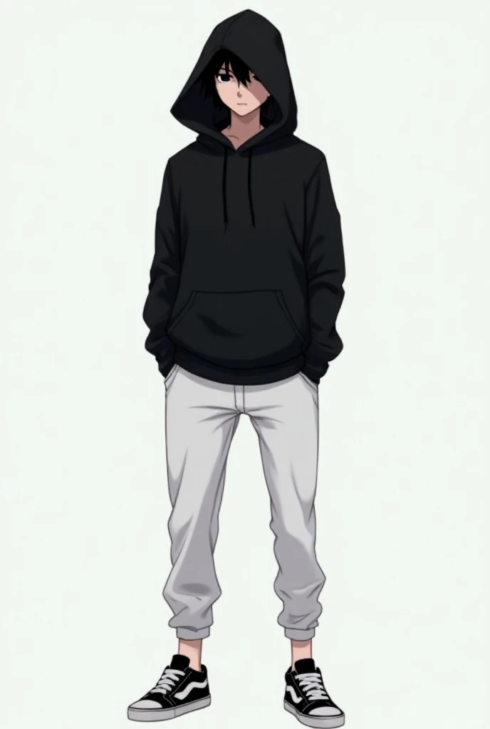 Anime character an 18 year old teenager
Appearance 1m75 six-hooded body wearing black hoodie
White pants white and black shoes where the inline covers