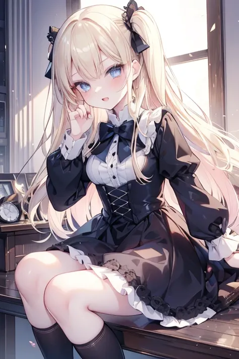 masutepiece, Highest Quality, (Perfect face:1.1), (high detailing:1.1), (ultradetailed eyes), Dramatic, superfine illustration, Extremely detailed, 1girl in, teenager,(pale skin), long blonde hair, Ethereal eyes, Blue eyes,blush,Solo,Smile, Happy, Laugh, E...