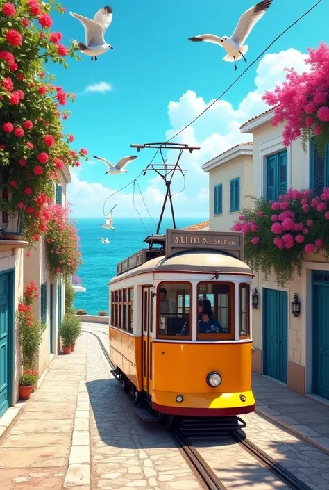 A pretty colorful tram from the 1950s crossing a pretty Mediterranean village on the seaside filled with flowers with blue skies and seagulls in the sky and the sea on the side 