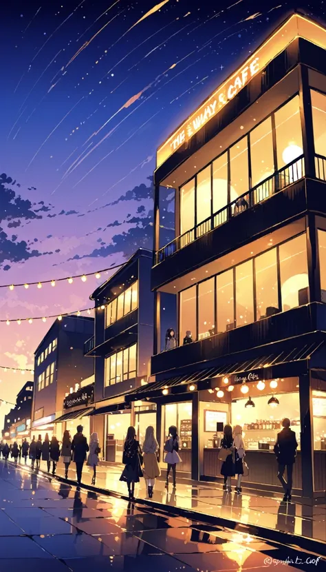 Port town、Stylish cafe、night、At dusk、 the lights are dazzling、Streetscape、sea辺、the way、People passing by々、 looking up at the building 、sea