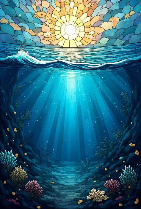 Stained glass art style ocean above and below