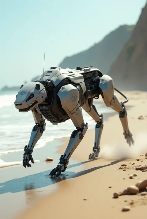 
the robot dog run in war at the beach 
