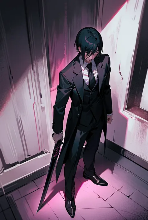 

"A man stands in a dark, shadowy room facing a lifeless body slumped against the wall. He holds a sword in one hand, wearing a sleek black suit paired with a dark pink shirt. His expression conveys deep guilt, with downcast eyes and a slightly furrowed b...