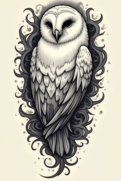 A long tattoo representing Hedwig from Harry Potter in a tribal way