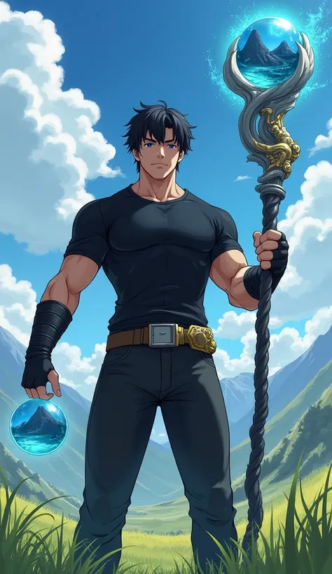 Create an image of a muscular young man with black hair, wearing a black short-sleeved crew neck t-shirt, black pants, and black half-finger gloves. He is holding a staff made of twisted black wood, adorned with gray metal featuring golden patterns. At the...