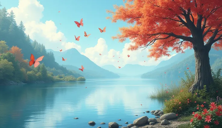 Beautiful scenery of lake and mapple tree on right side and butterfly are flying 