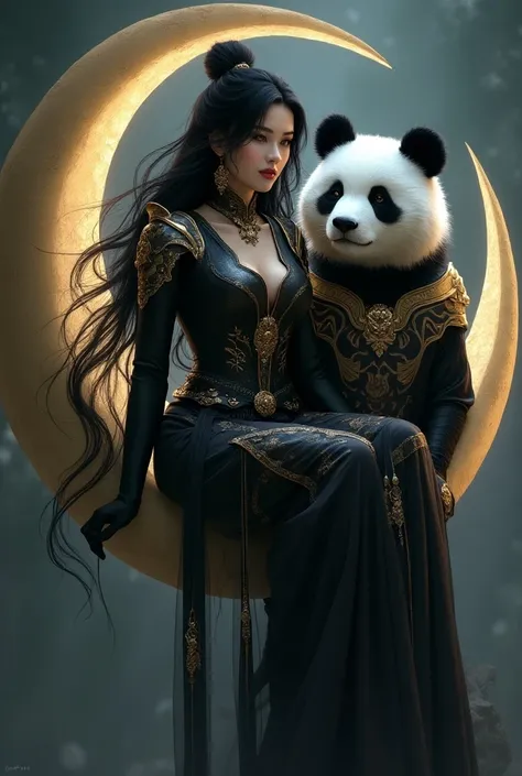 Mujer blanca con pelo negro armadura color negro con dorado sentada en la media luna 🌙 y con un panda 🐼 con armadura negra y dorada 