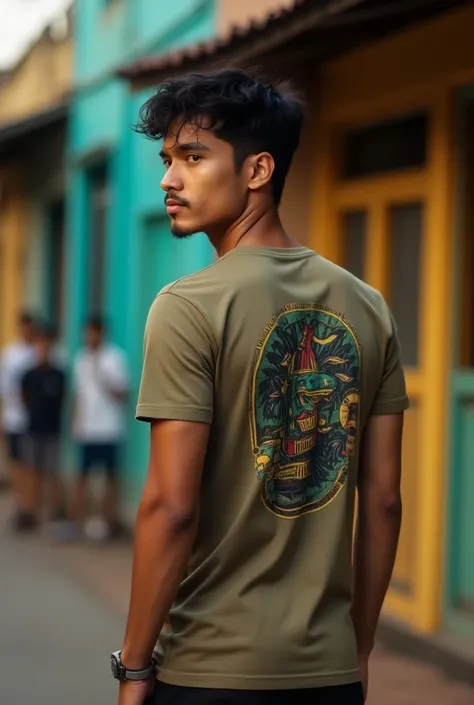 create a man wearing a streetware t-shiret for commercial use ad use photograpy professional asian man in sri lanka Portrait professional grade model back side of t-shirt not front okey turn the head little front 
