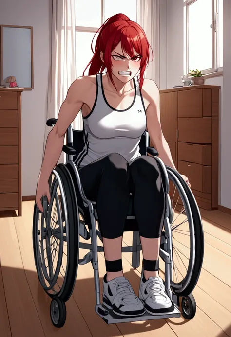 An athletic tsundere girl in a wheelchair. Red hair. bedroom. ponytail. clenched teeth. 