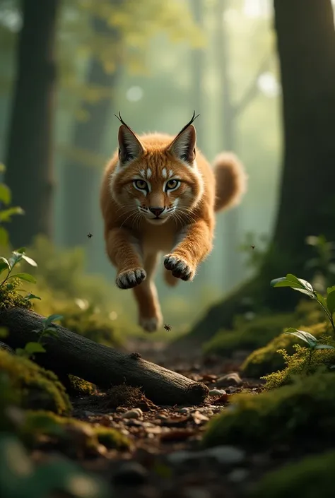 extremely detail a furry lynx, jump over fallen moss-covered tree trunks, surrounded lush green vegetation, dim light with soft sunray piercing between leafs of high trees, mois soil covered with dry leaves, some small insects were flying around, ray traci...