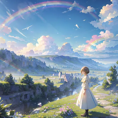 (( surprisingly absurd )),(masterpiece:1.2),超 High Resolution ,  Attention to Details, High image quality,  High Resolution , 最High image quality, 4K, 8k、so beautiful、landscape、landscape painting、Endless blue sky、A rainbow appears、There is a group of ruins...