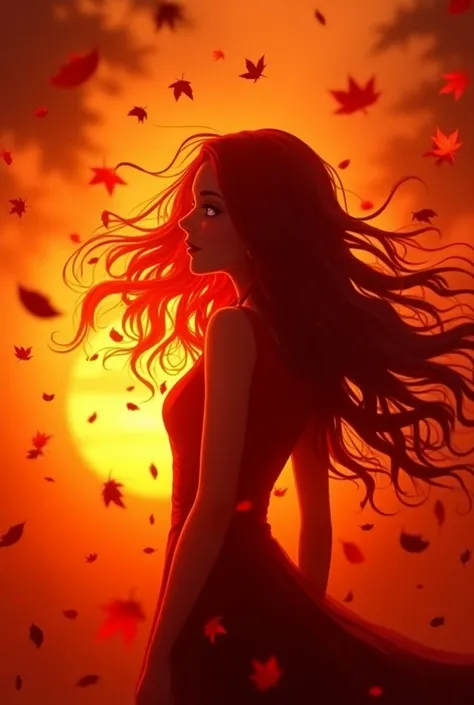 (Bright color, Vivid color:1.2), (portrait, dynamic angle).

silhouette of a beautiful woman with long red hair, in the middle of a whirlwind of red leaves. Leaves, leaves, leaves everywhere. (((Autumnal colors))), sunset. Vibrant colors.

beautiful detail...