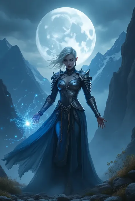 Darkness, blood moon, night, high mountains of Asia, elven warrior, majestic, elf, woman, short platinum hair, pointed ears, blue eyes, malicious smile, in silver armor, nature, light, day, magic, witchcraft, conjures, hd