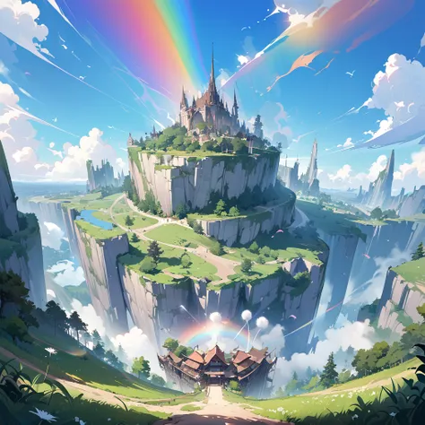 (( surprisingly absurd )),(masterpiece:1.2),超 High Resolution ,  Attention to Details, High image quality,  High Resolution , 最High image quality, 4K, 8k、so beautiful、landscape、landscape painting、Endless blue sky、A rainbow appears、There is a group of ruins...