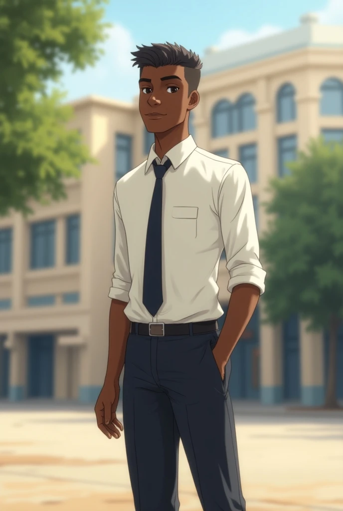 Animate A  black tall handsome school boy with straight small hair is waiting for her girl in front side
