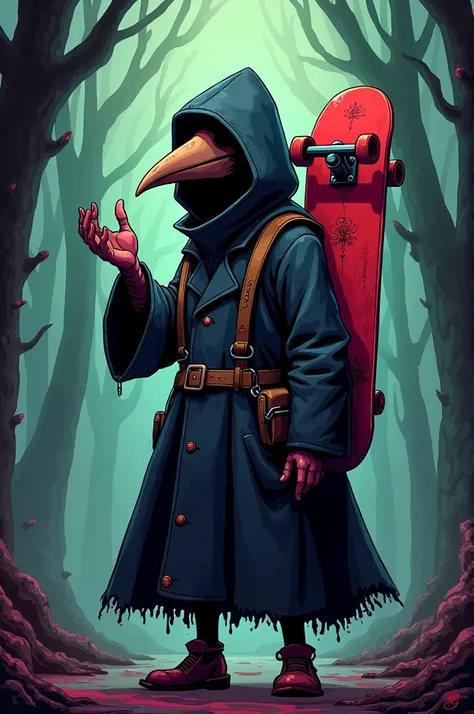 Plague doctor saying shhhh,
And theres a skateboard strap on his back 
Aesthetic demonic dark theme cartoon logo