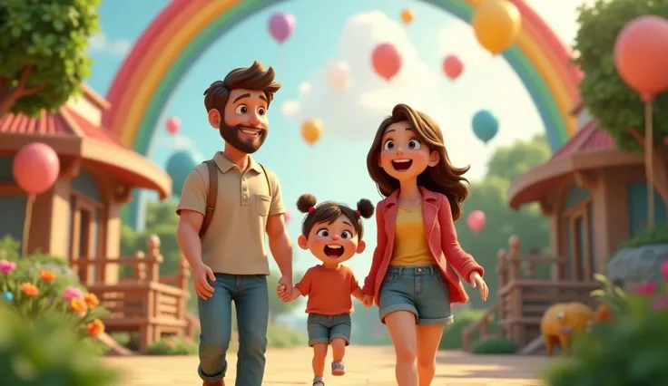 A 3D animated couple and their daughter，zoo，Many Colourful balloons,cheerfulness，rejoice，Perfect quality，Clear focus, a rainbow in Background, picture frame size should be 16:9