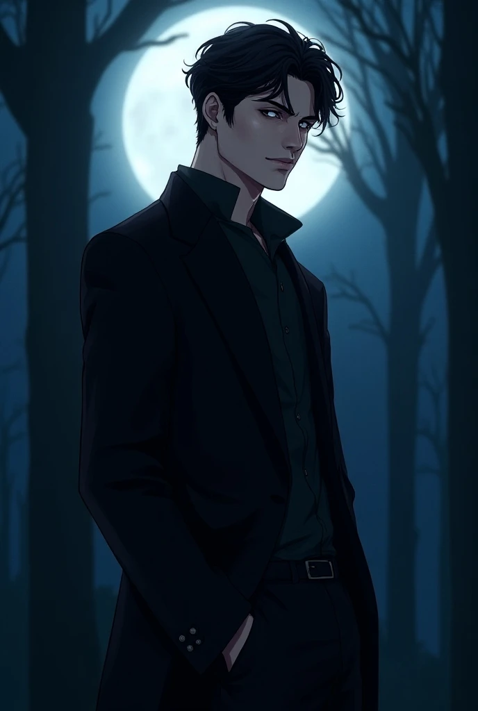 drawning, naughty man, Bblack hair , eyes black, hair, normal chin, night landscape forest, handsome,manhwa style, high quality, wide shoulder, catchy