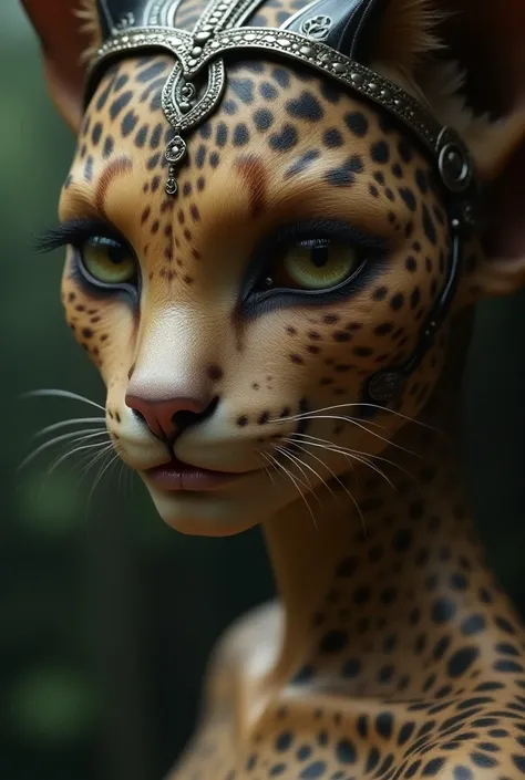 Close up side photography of Humanoid female leopard alien, soft intricate fur, beauty charismatic, sharp large eyes, with roman ornament, superdetail headgear ornament. 