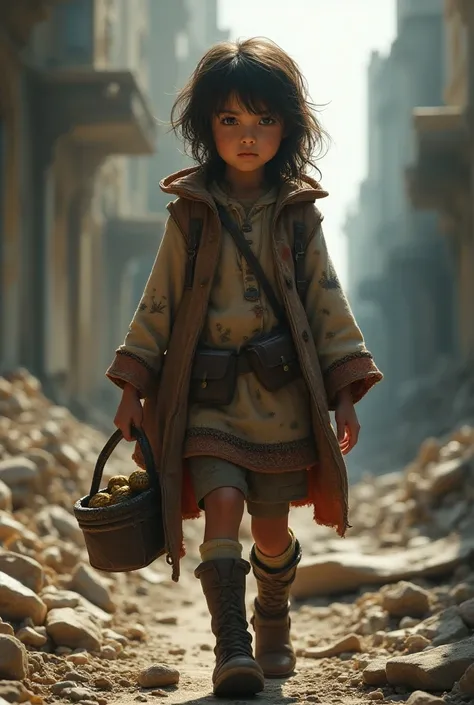 Create a scavenger girl.Imagine her as a young scavenger with tousled hair, wearing a patchwork cloak that blends into the ruins of her city. She has sharp, curious eyes that reflect her determination. Her hands are often dirty from exploring, and she carr...