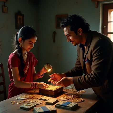 A very clear ultra HD image Scene setting: "A dimly lit room with a rustic charm, featuring a wooden table. On the table, there are sparkling jewelry pieces, like gold bangles and necklaces, and stacks of money."Character interaction: "Roopa, looking hopef...