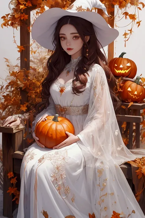 Create a drawing with a completely white background, but adorned with various elements such as pumpkins, dry leaves and mists. a cute animated girl, beautiful detailed eyes, beautiful detailed lips, extremely detailed eyes and face, long eyelashes. En el c...